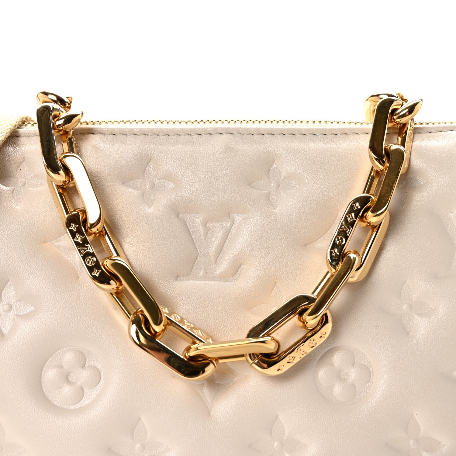 Louis Vuitton Lambskin Embossed Monogram Coussin PM Beige Cream