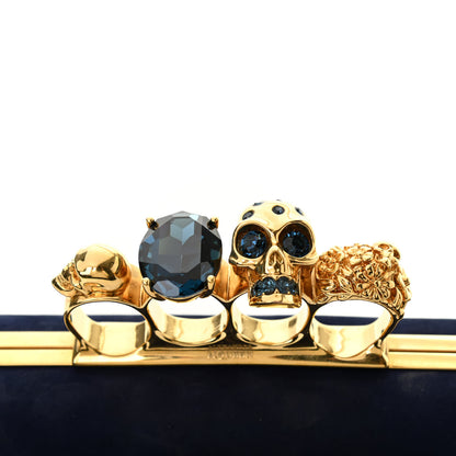 Alexander McQueen Suede Studded Skull Knuckle Box Clutch Navy 8 of 14
