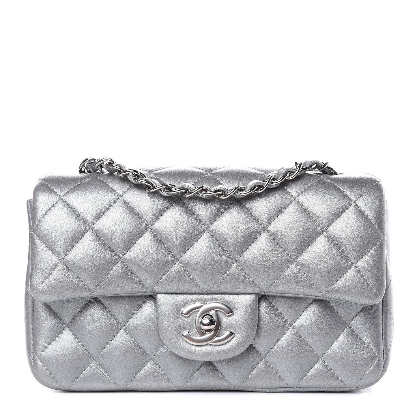 Metallic Lambskin Quilted Mini Rectangular Flap Silver
