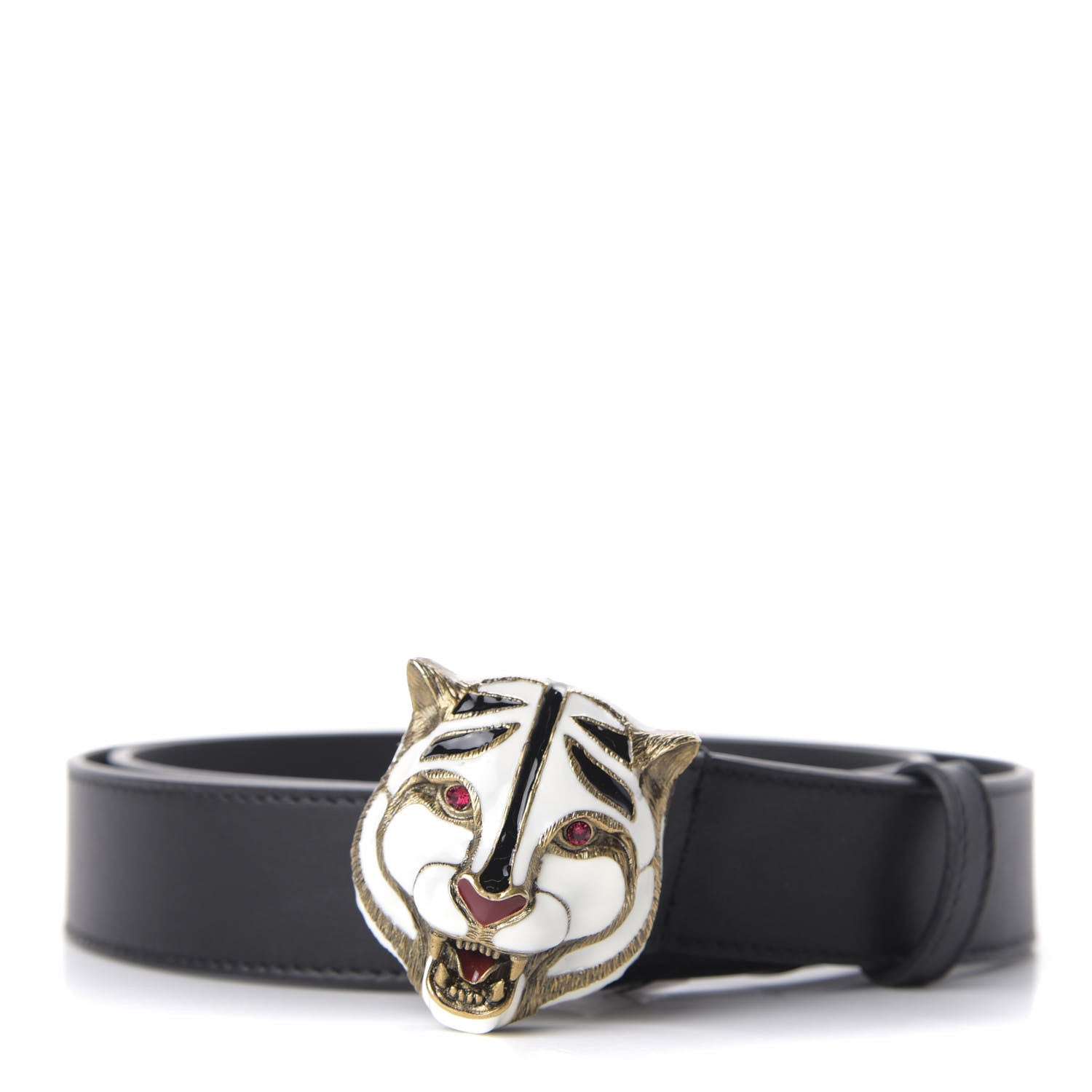 Gucci Calfskin Tiger Head Buckle Belt 80 32 Black 1 of 4
