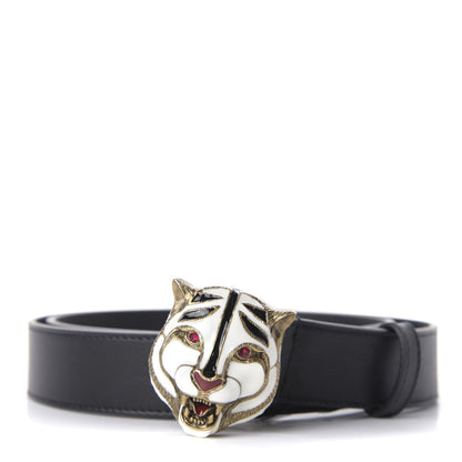 Gucci Calfskin Tiger Head Buckle Belt 80 32 Black 1 of 4
