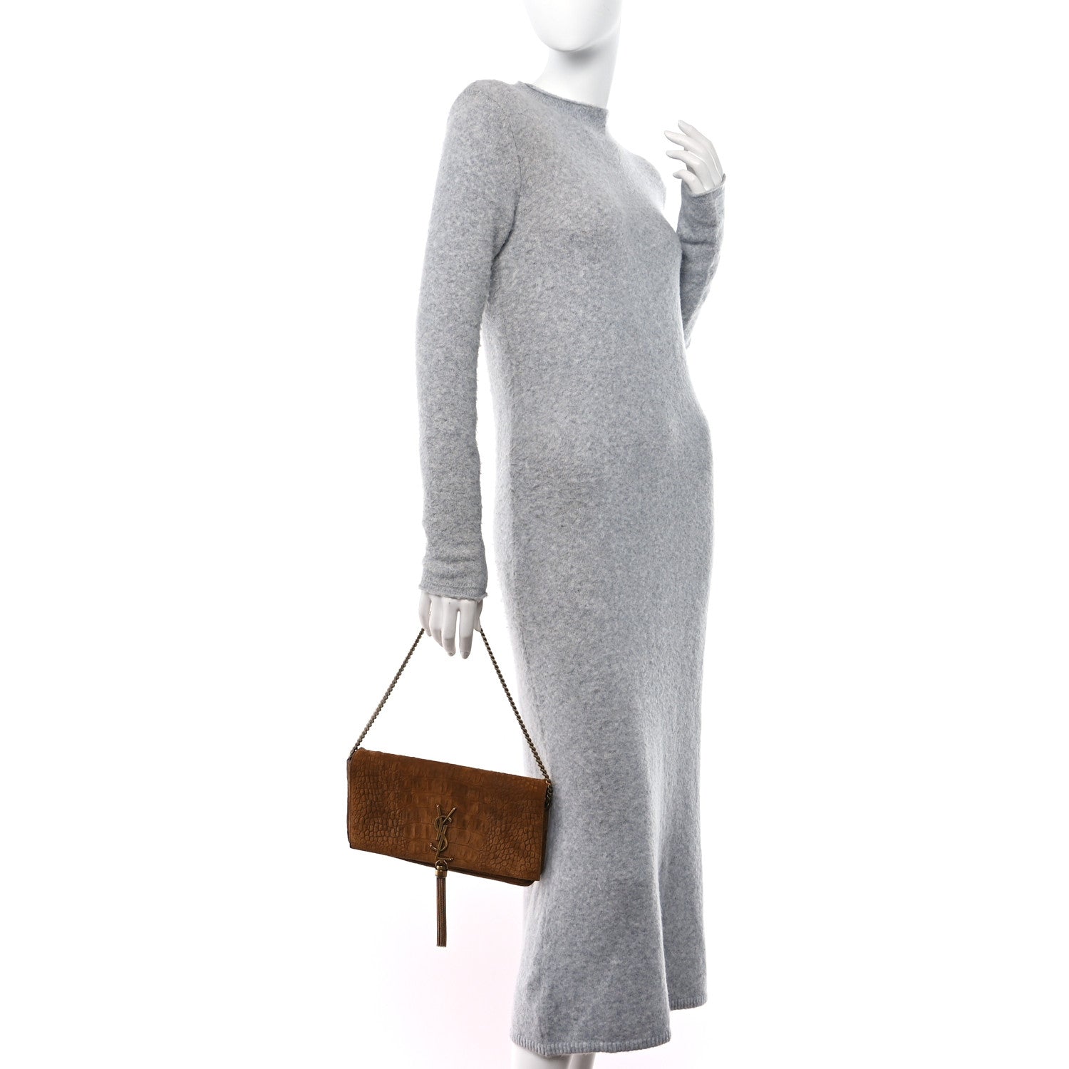 Saint Laurent Crocodile Embossed Suede Monogram Tassel Kate 99 Tan 2 of 13