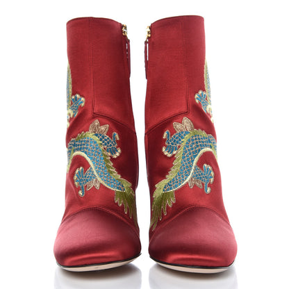 Gucci Silk Satin Malaga Kid Embroidered Candy Dragon Block-Heel Ankle Boot 36.5 Red 2 of 11