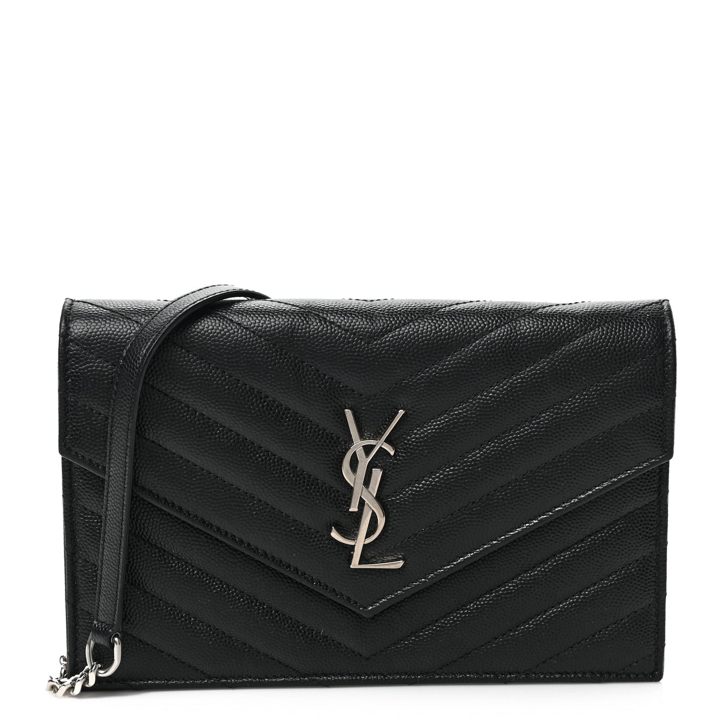 Grain De Poudre Matelasse Chevron Monogram Envelope Chain Wallet Black