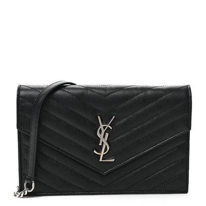 Saint Laurent Grain De Poudre Matelasse Chevron Monogram Envelope Chain Wallet Black 1 of 7