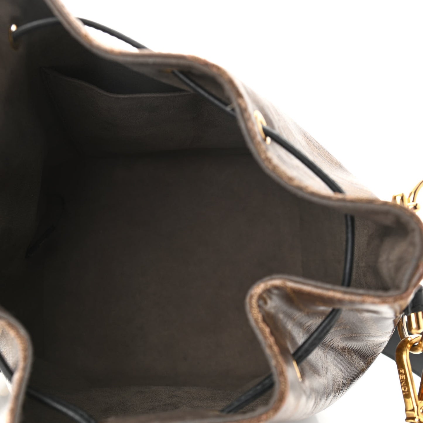 Glazed Fabric Vitello Grace F is Fendi FF 1974 Stamp Patch Grande Mon Tresor Bucket Bag Mogano Panna Black