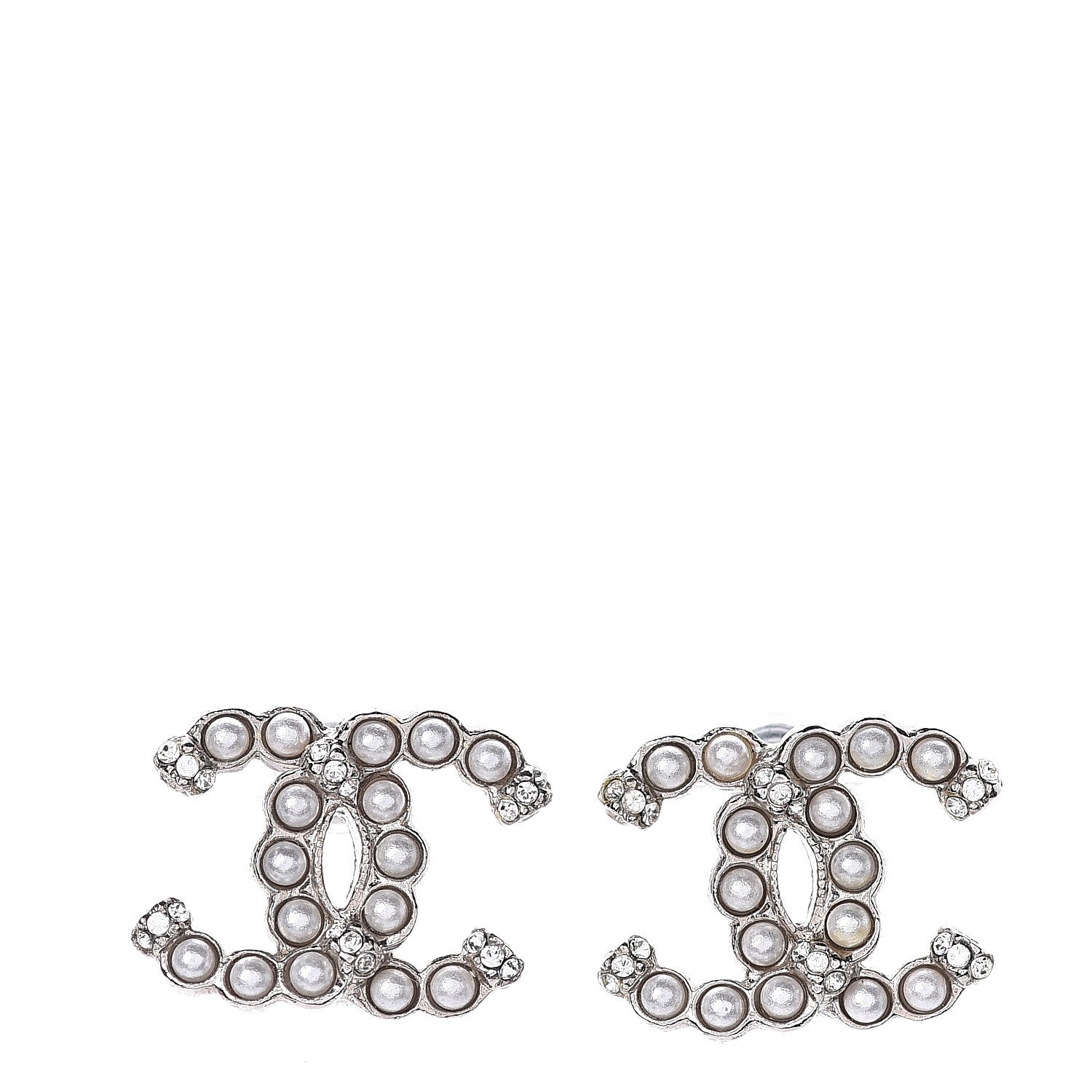 Chanel Pearl Crystal CC Earrings Silver 1 of 4