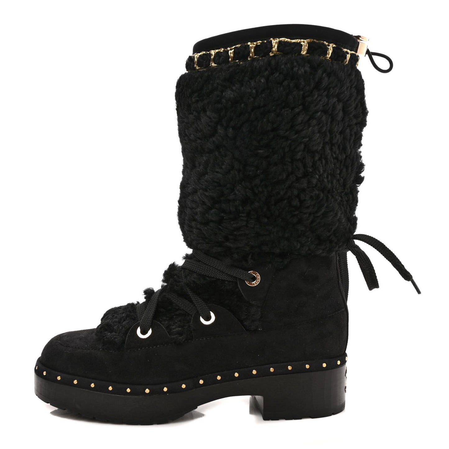 Suede Shearling Chain Studded CC High Boot 38 Black
