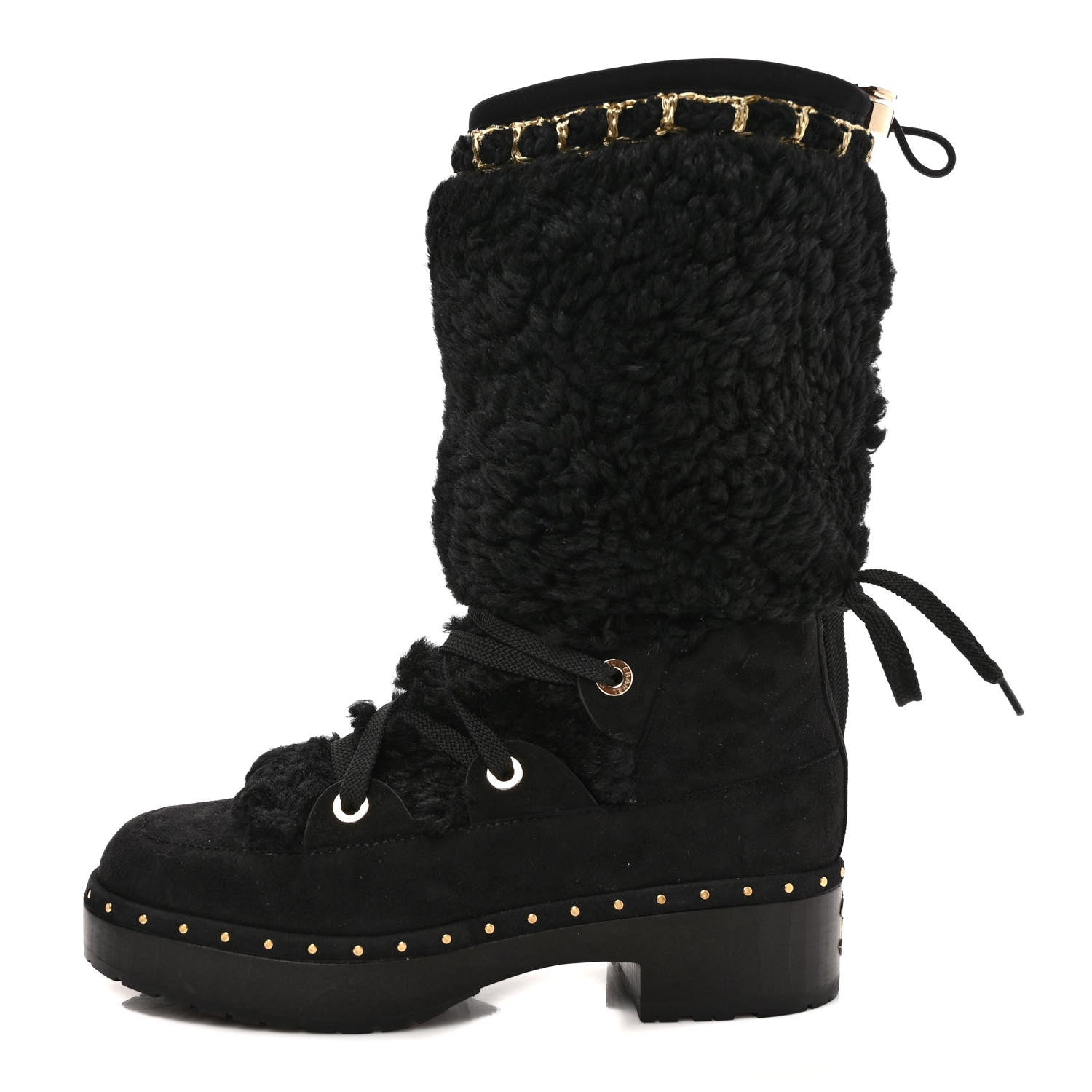Chanel Suede Shearling Chain Studded CC High Boot 38 Black 1 of 9