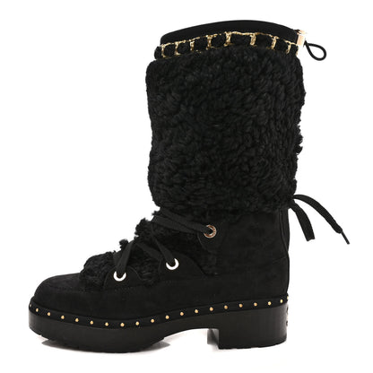 Chanel Suede Shearling Chain Studded CC High Boot 38 Black 1 of 9