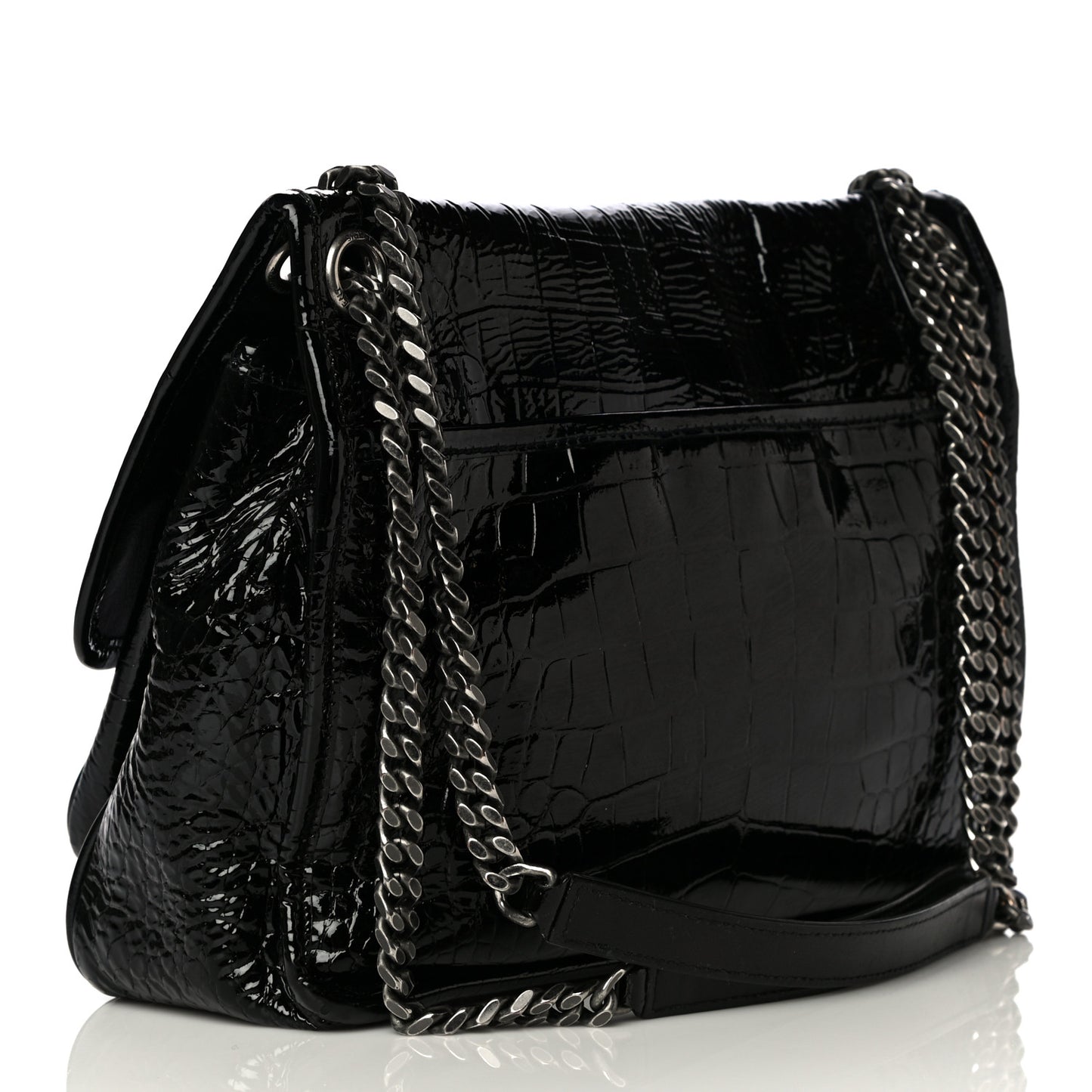 Patent Crocodile Embossed Lambskin Monogram Medium Niki Chain Satchel Black