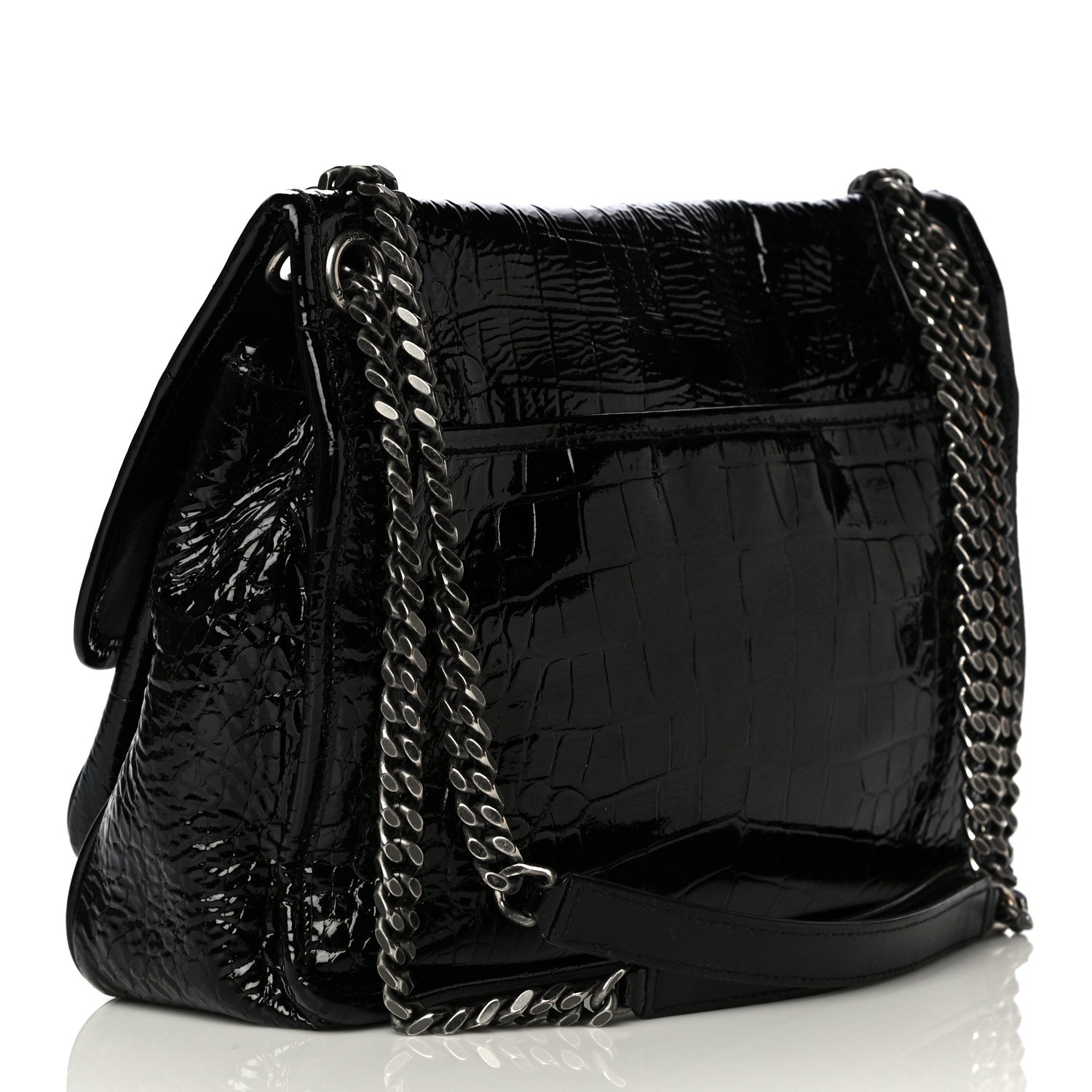 Saint Laurent Patent Crocodile Embossed Lambskin Monogram Medium Niki Chain Satchel Black 3 of 19