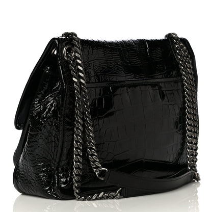 Saint Laurent Patent Crocodile Embossed Lambskin Monogram Medium Niki Chain Satchel Black 3 of 19
