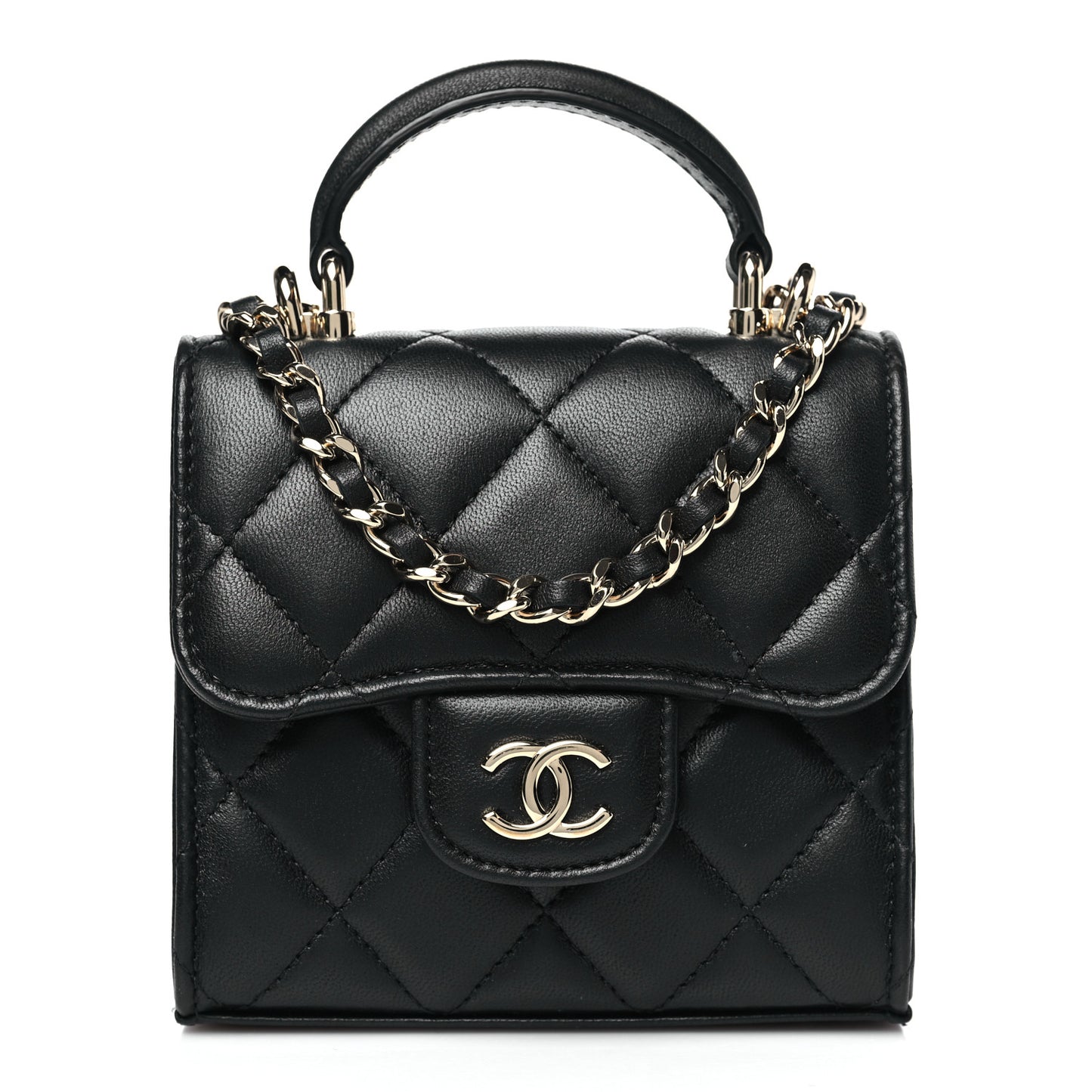 Lambskin Quilted Top Handle Flap Clutch With Chain Black