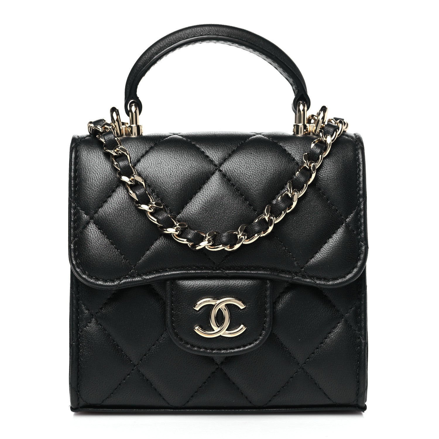 Chanel Lambskin Quilted Top Handle Flap Clutch With Chain Black 1 of 10