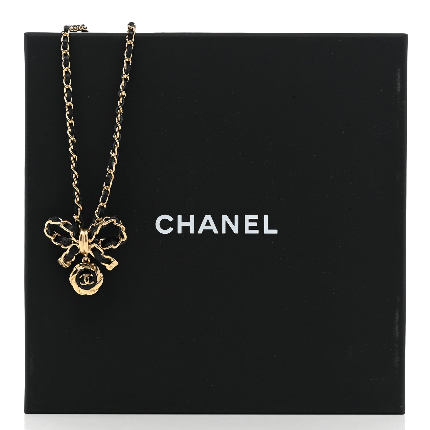Metal Lambskin Chain CC Bow Necklace Black Gold