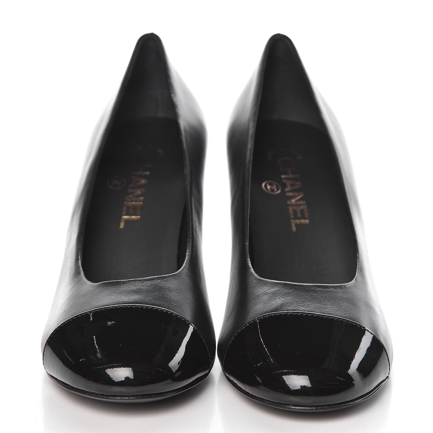 Lambskin Calfskin Patent Cap Toe CC Pumps 38 Black