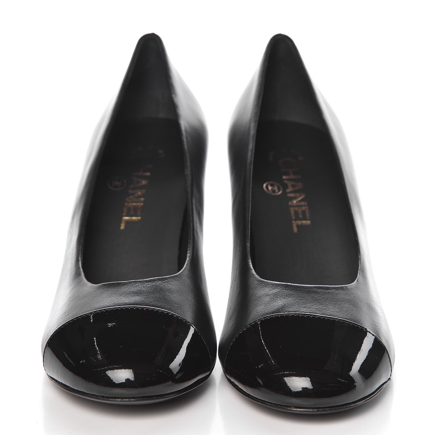 Chanel Lambskin Calfskin Patent Cap Toe CC Pumps 38 Black 2 of 9
