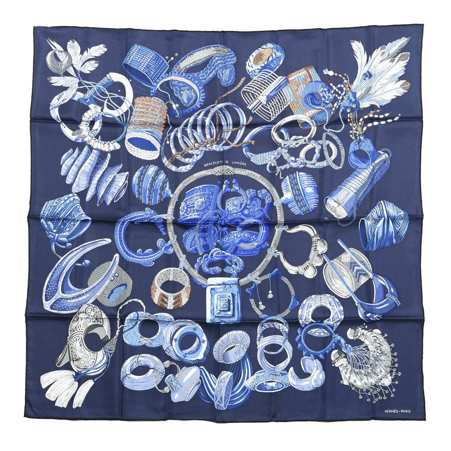 Silk Bracelets de Lumiere Scarf 90 Marine Bleu Dur Gris