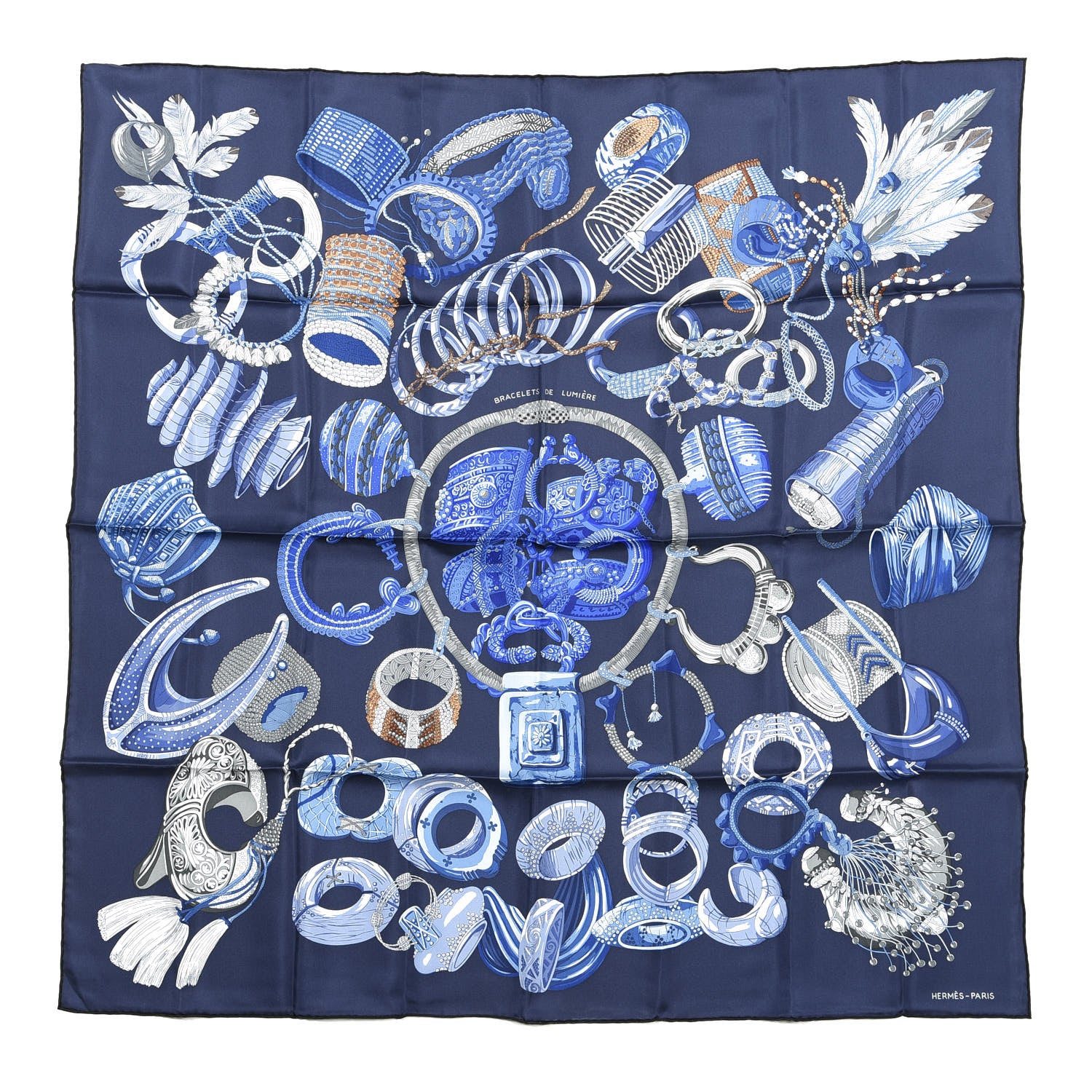 Hermes Silk Bracelets de Lumiere Scarf 90 Marine Bleu Dur Gris 1 of 4