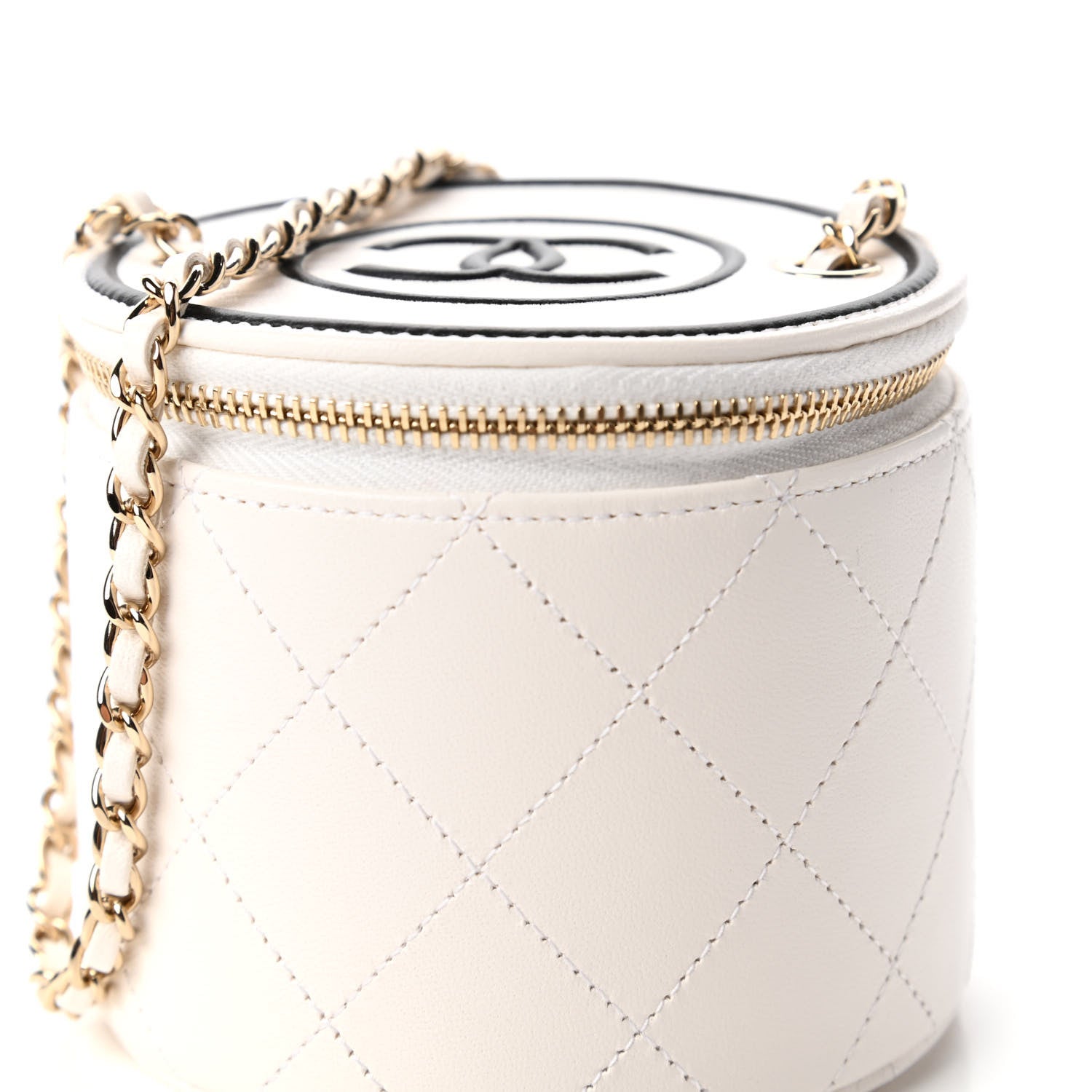 Chanel Lambskin Quilted Round Small Vanity Case With Chain White Black 10 of 11