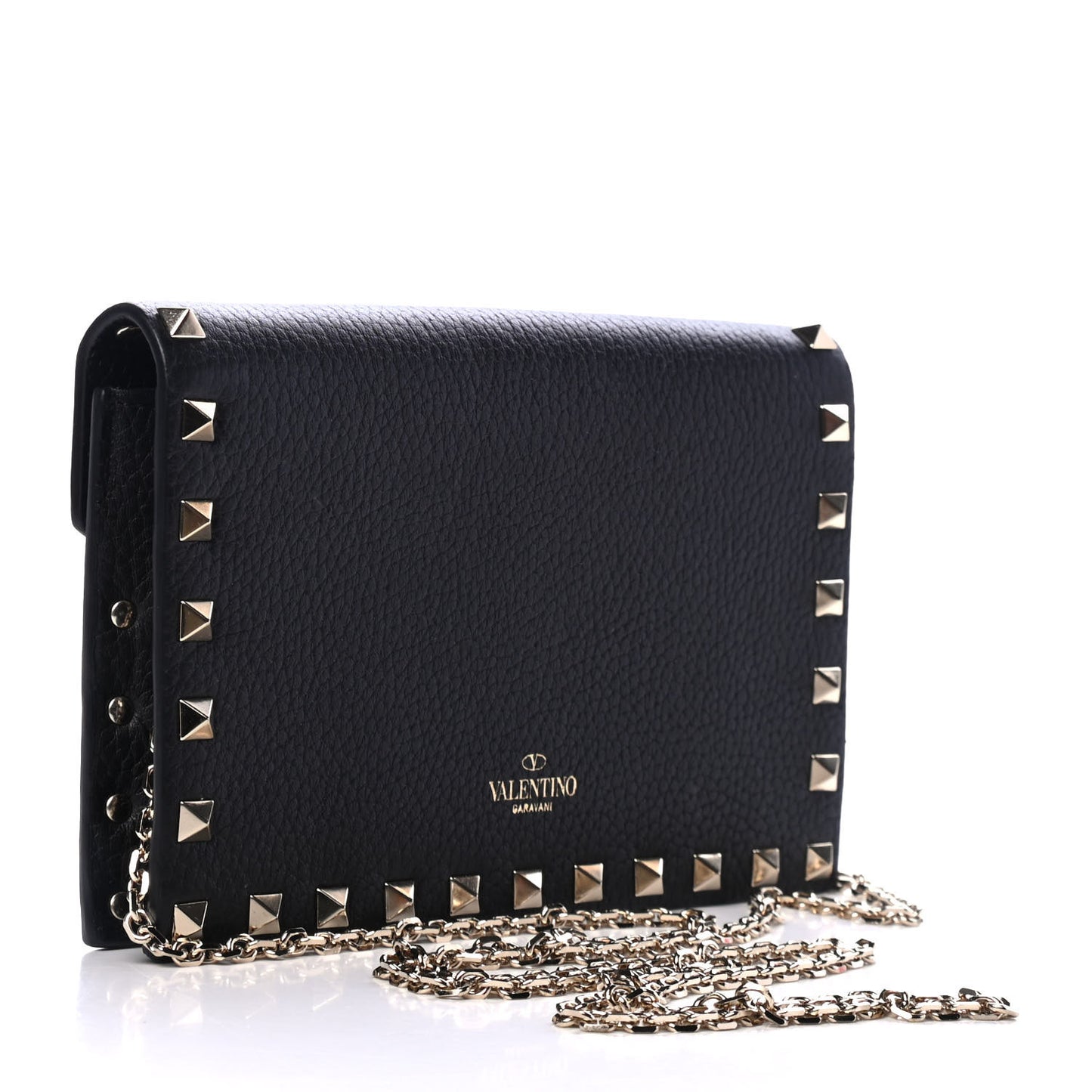 Pebbled Calfskin Rockstud Envelope Wallet on Chain Black