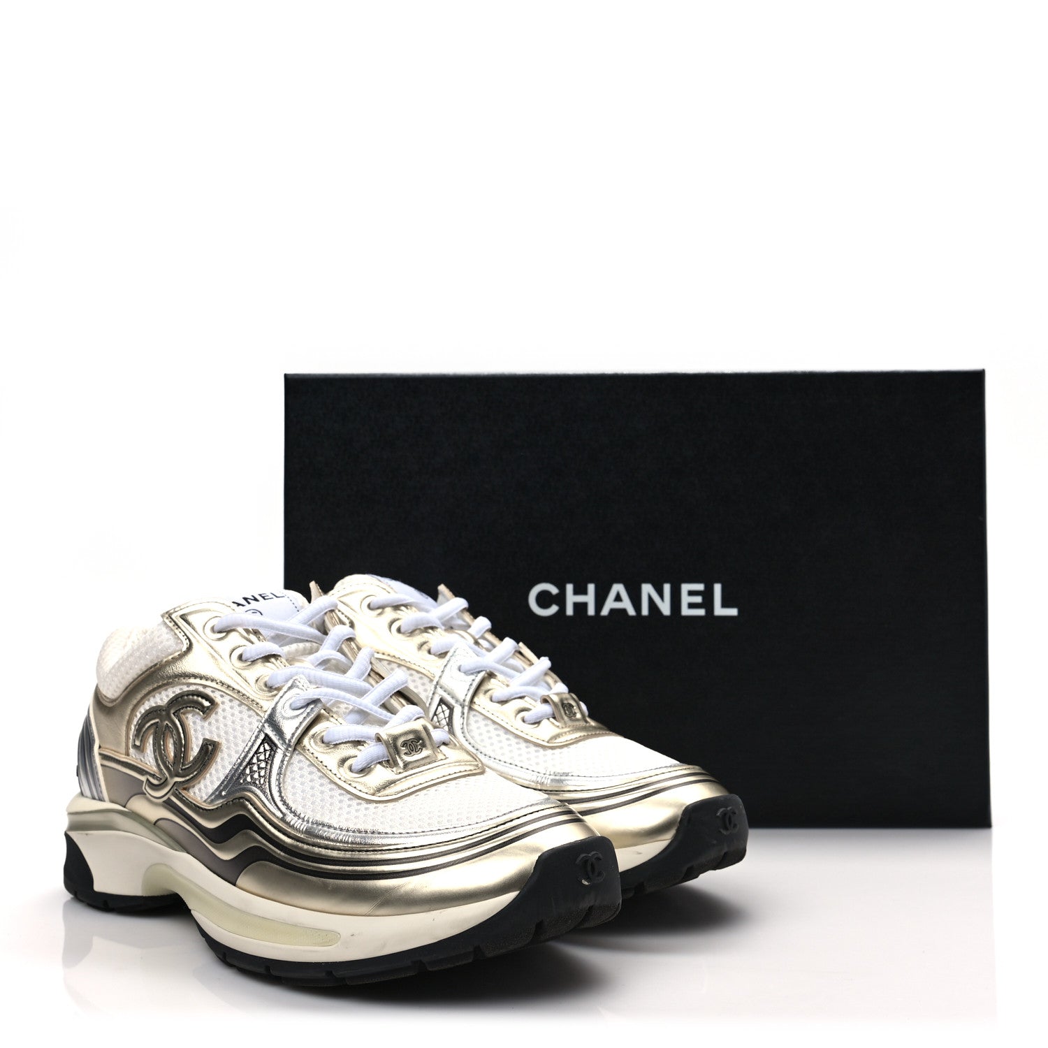 Chanel Fabric Laminated Calfskin Stretch CC Sneakers 38 White Gold Silver 7 of 7