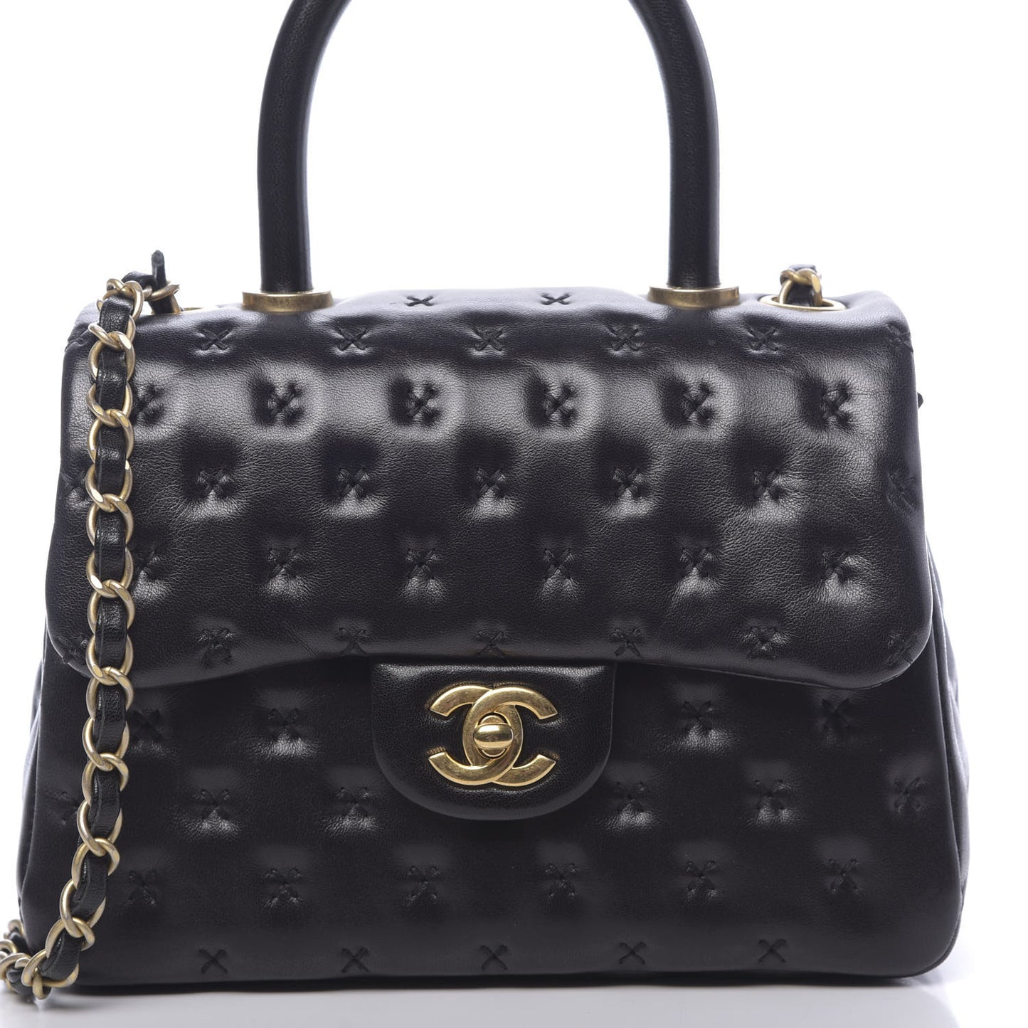 Lambskin Cross Stitch Mini Coco Handle Flap Dark Black