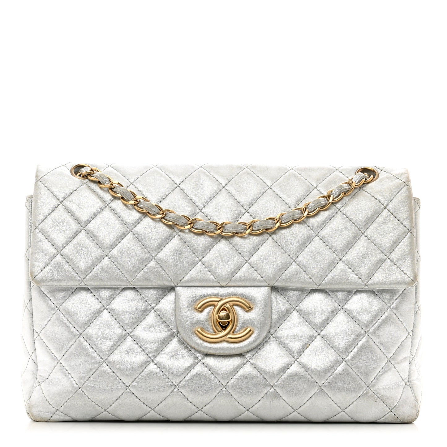 Metallic Lambskin Quilted Maxi Single Flap Silver
