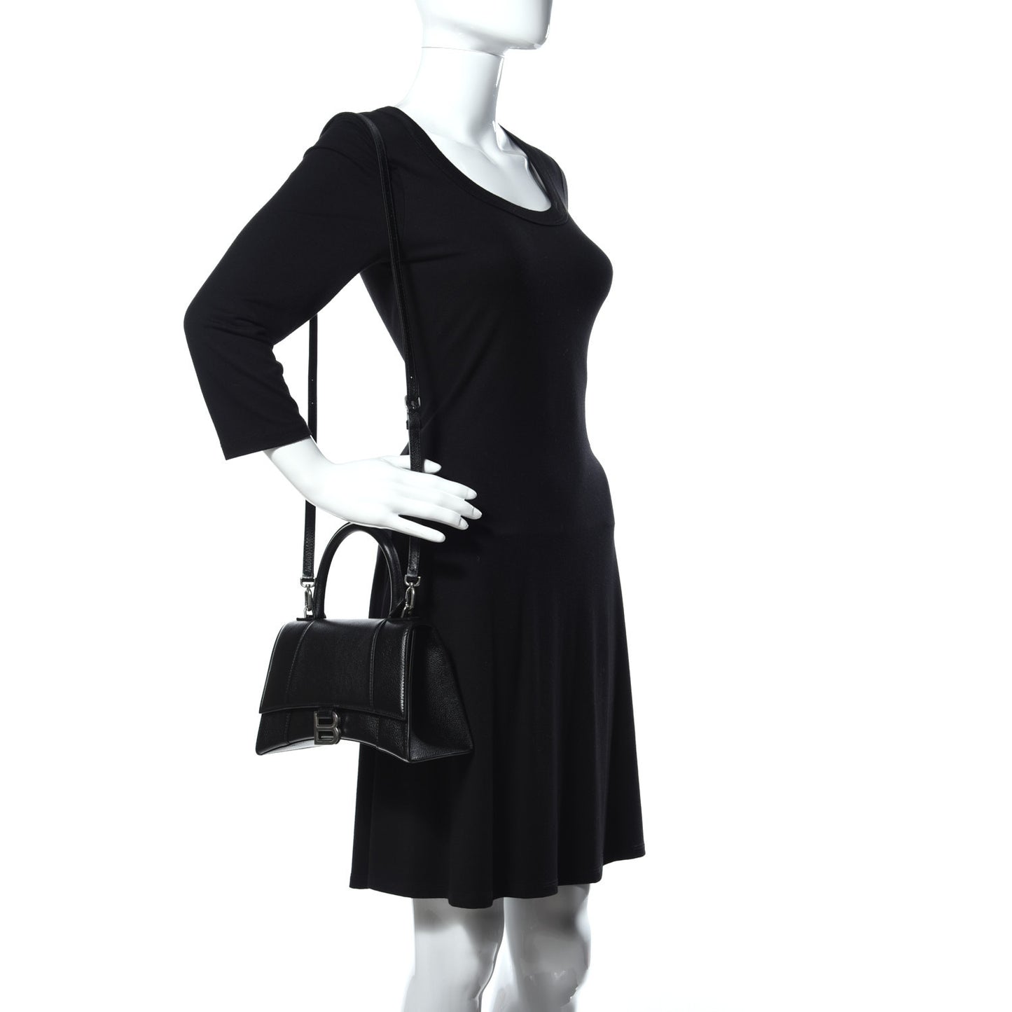 Grained Calfskin Small Hourglass Top Handle Bag Black