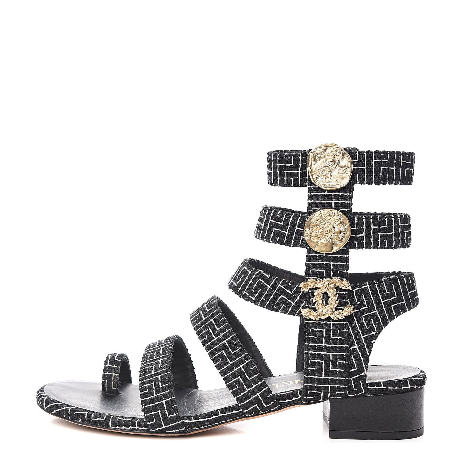 Chanel Tweed Medallion Gladiator Sandals 38.5 Black 1 of 11