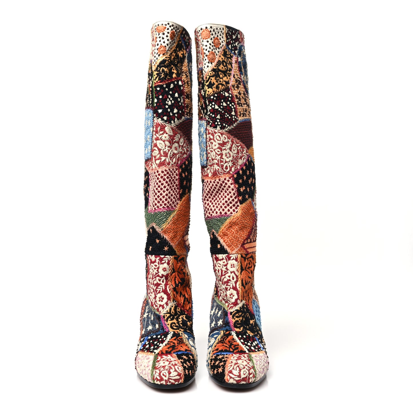 Embroidered Diorage Patchwork Knee High Boots 36 Multicolor