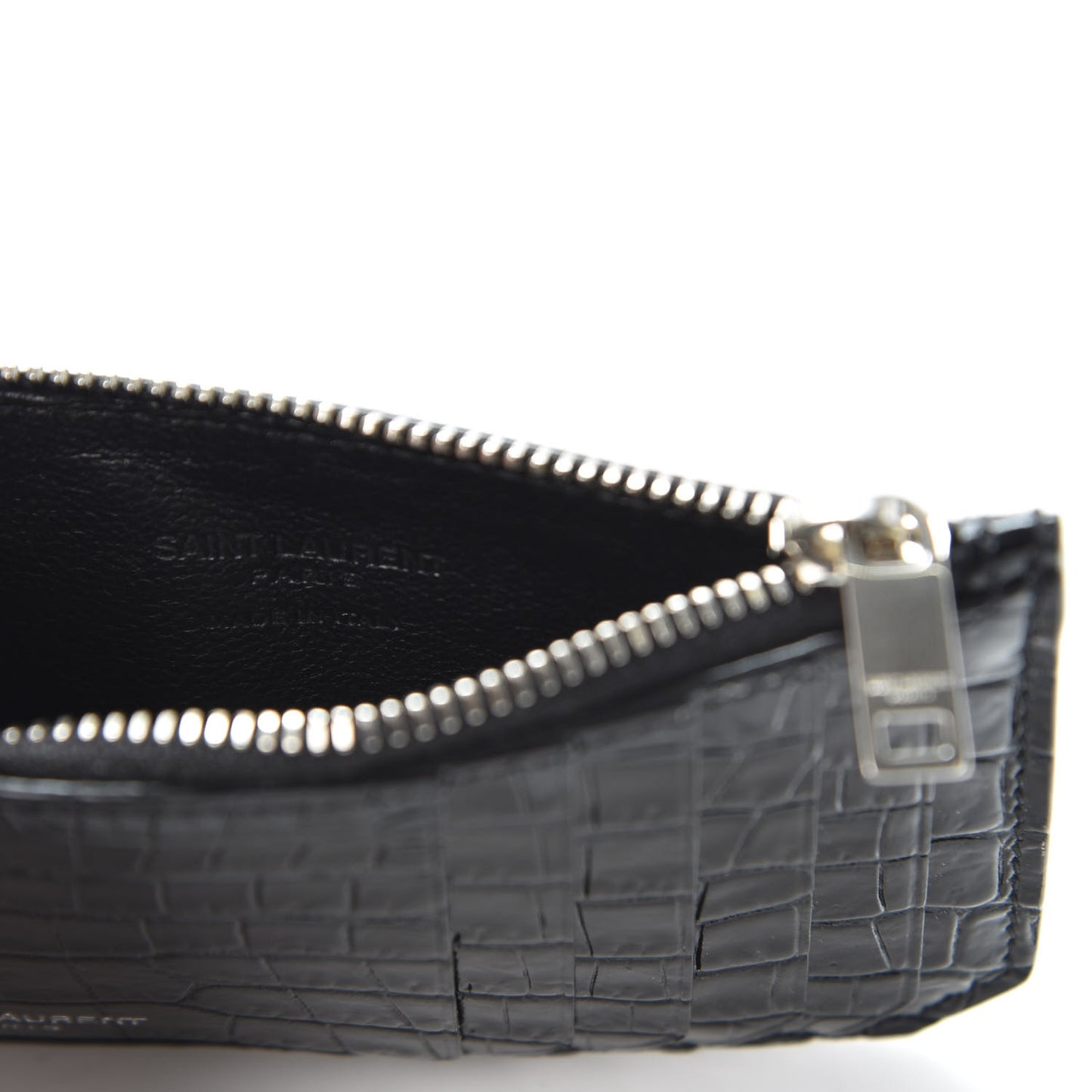 Calfskin Crocodile Embossed 5 Fragments Zip Pouch Card Holder Black