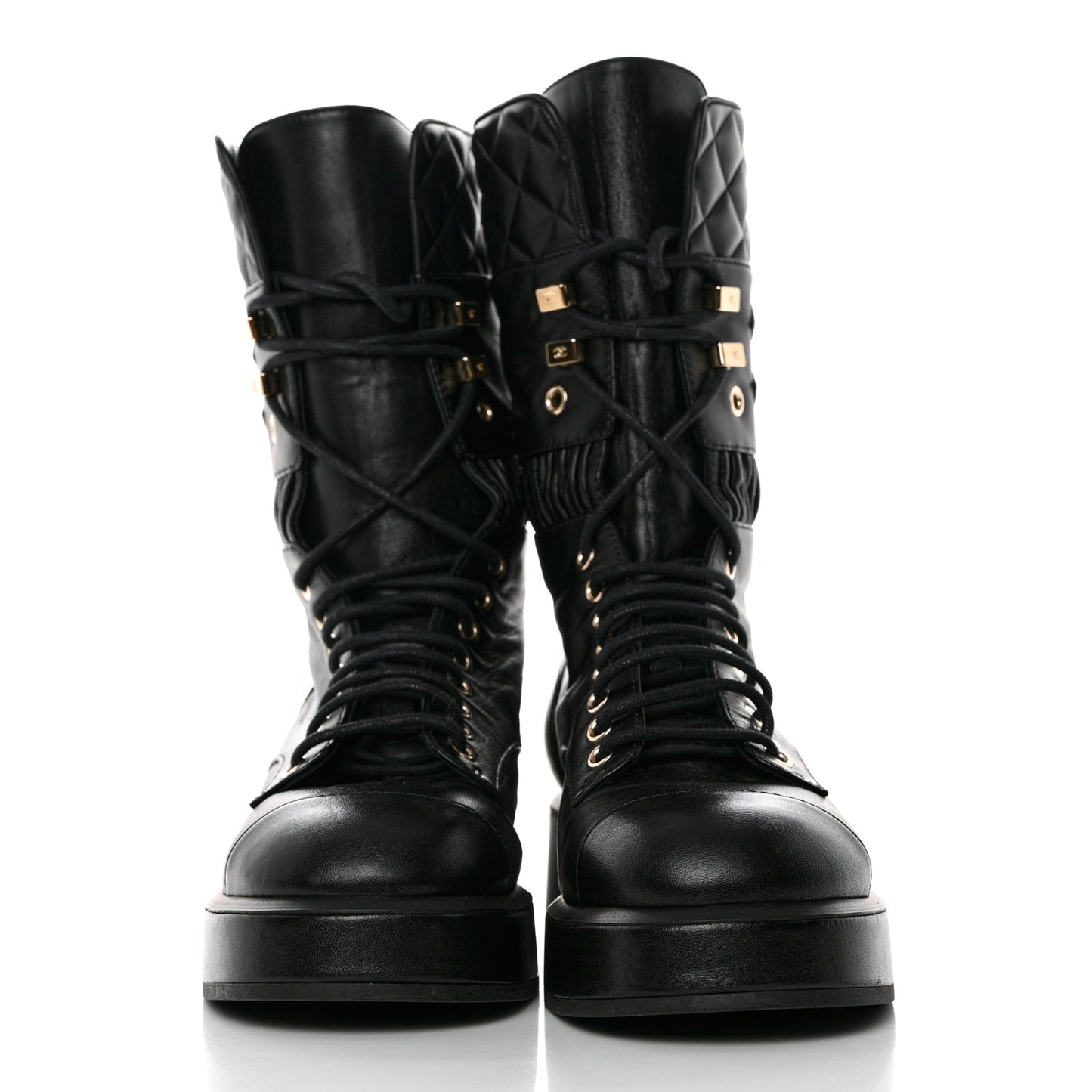 Lambskin Quilted Lace Up Combat Boots 36.5 Black