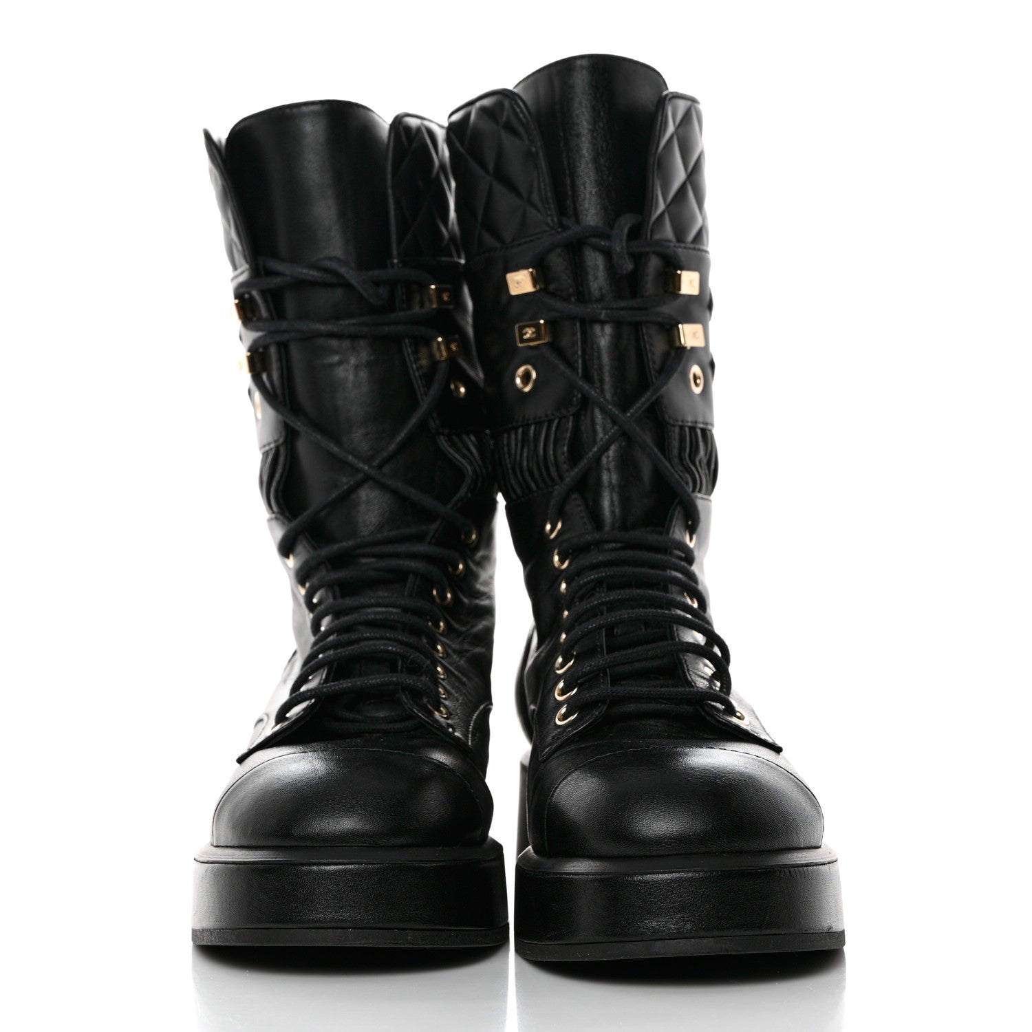 Chanel Lambskin Quilted Lace Up Combat Boots 36.5 Black 2 of 10