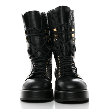 Chanel Lambskin Quilted Lace Up Combat Boots 36.5 Black 2 of 10