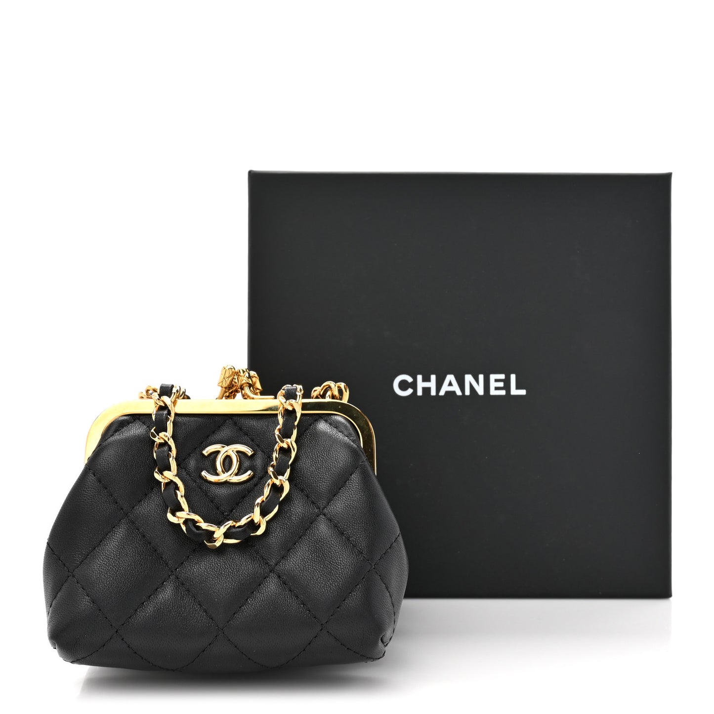 Lambskin Quilted Trio Kiss Lock Clutch With Chain Black