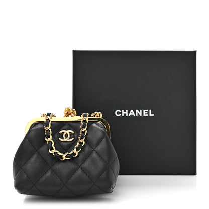 Chanel Lambskin Quilted Trio Kiss Lock Clutch With Chain Black 13 of 13