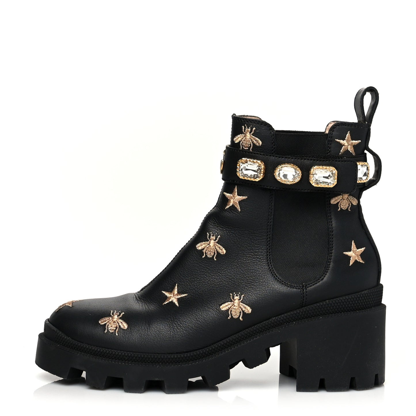 Calfskin Bee Star Embroidered Belt Ankle Boots 37 Black