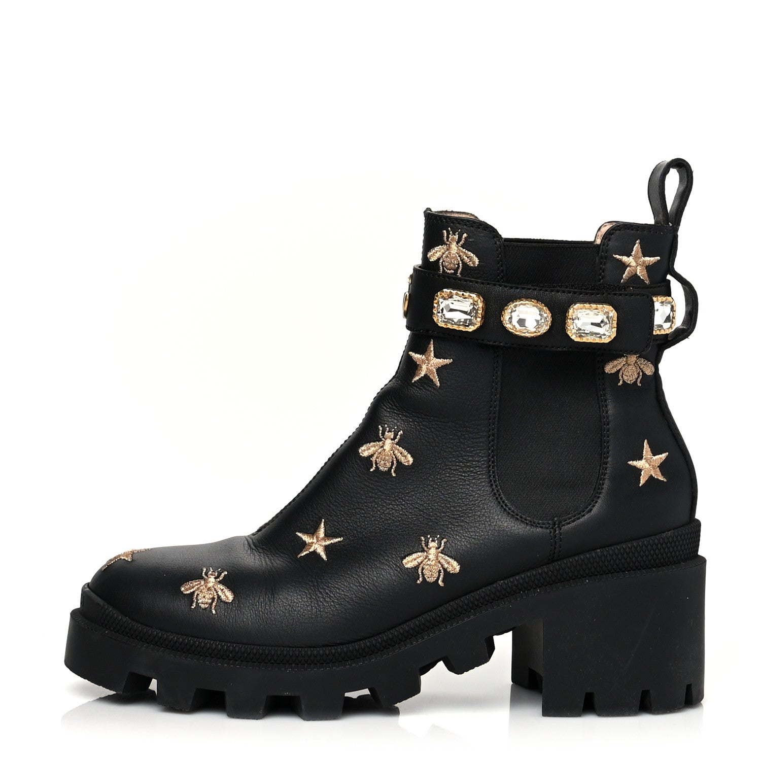 Gucci Calfskin Bee Star Embroidered Belt Ankle Boots 37 Black 1 of 9