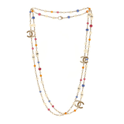 Chanel Pearl Crystal Resin CC Beaded Long Necklace Gold Pearly Gold Multicolor 3 of 4
