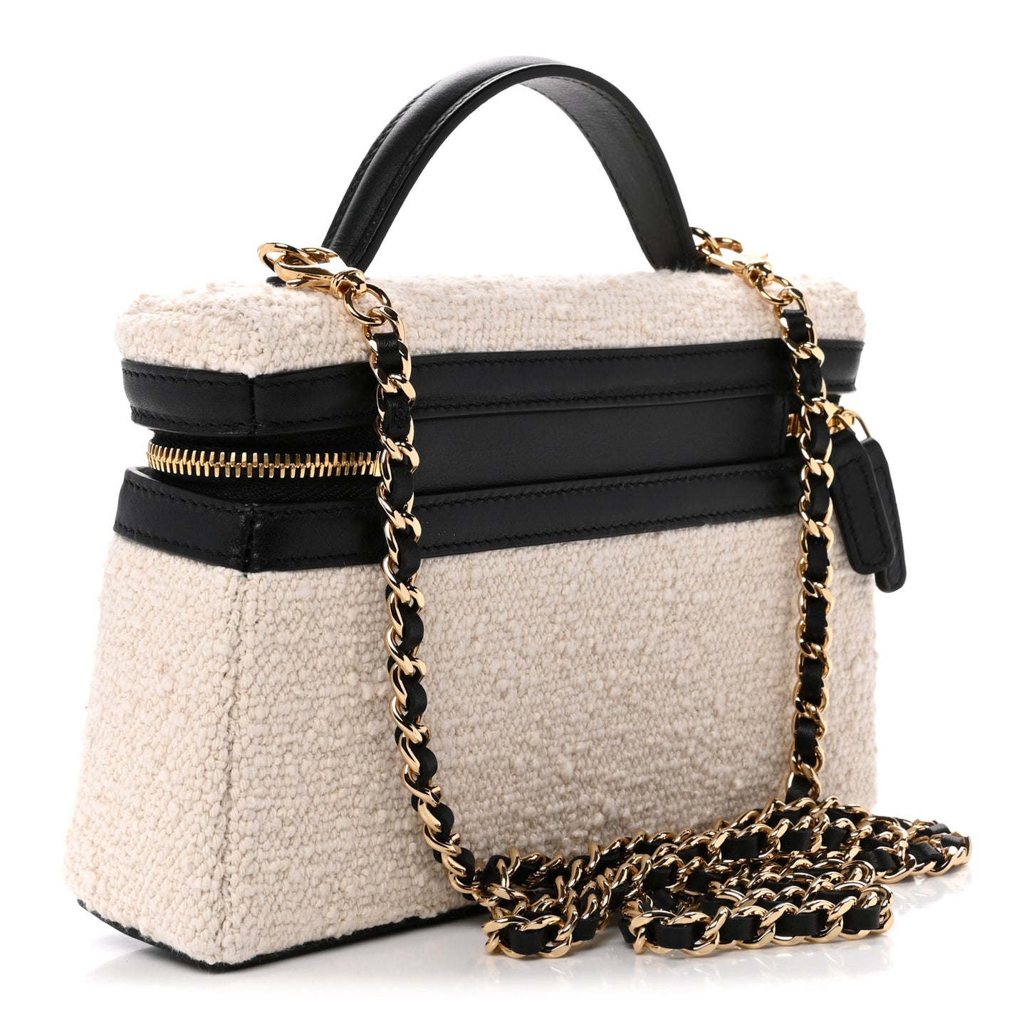 Tweed Calfskin Top Handle Slim Vanity Case With Chain Black Beige