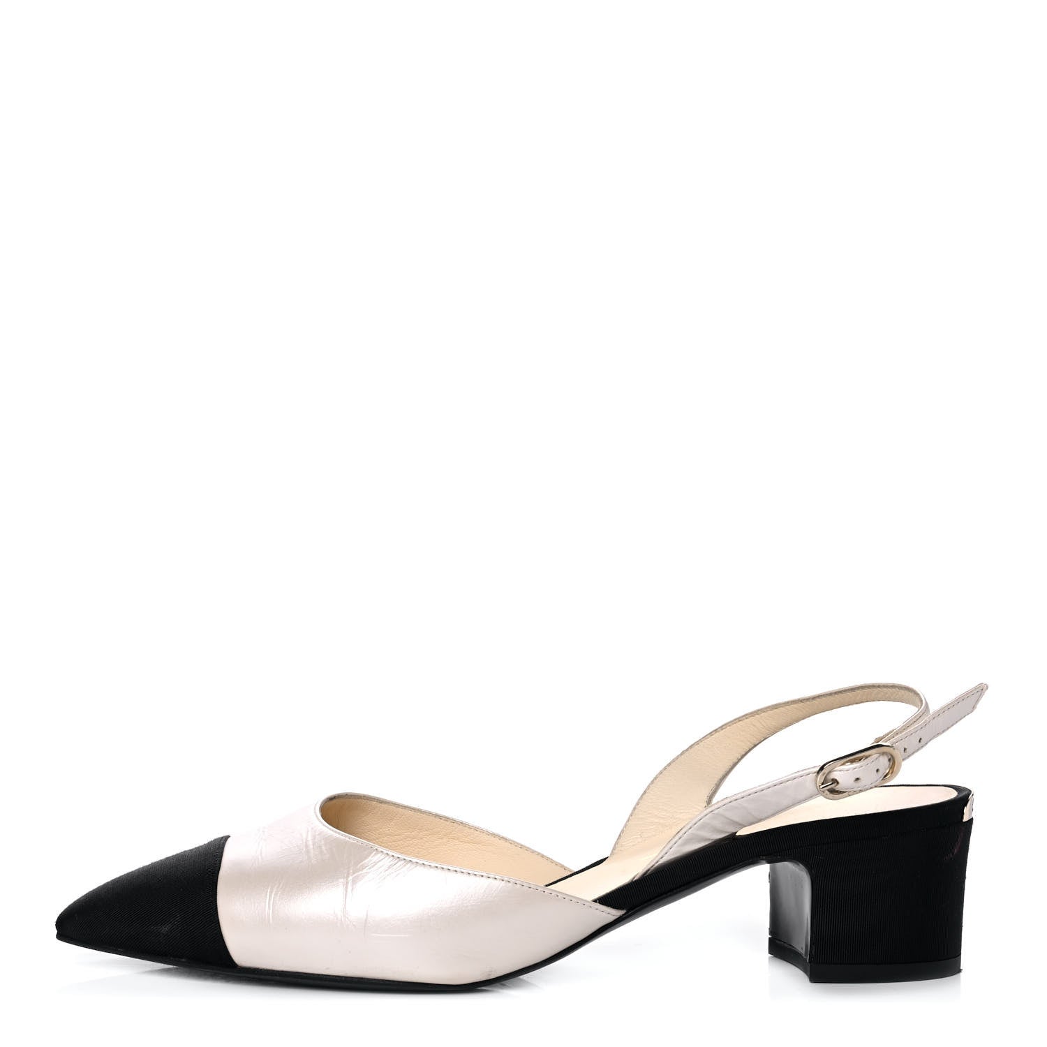 Chanel Metallic Calfskin Grosgrain Cap Toe CC Slingback Pumps 39.5 Ivory Black 1 of 9