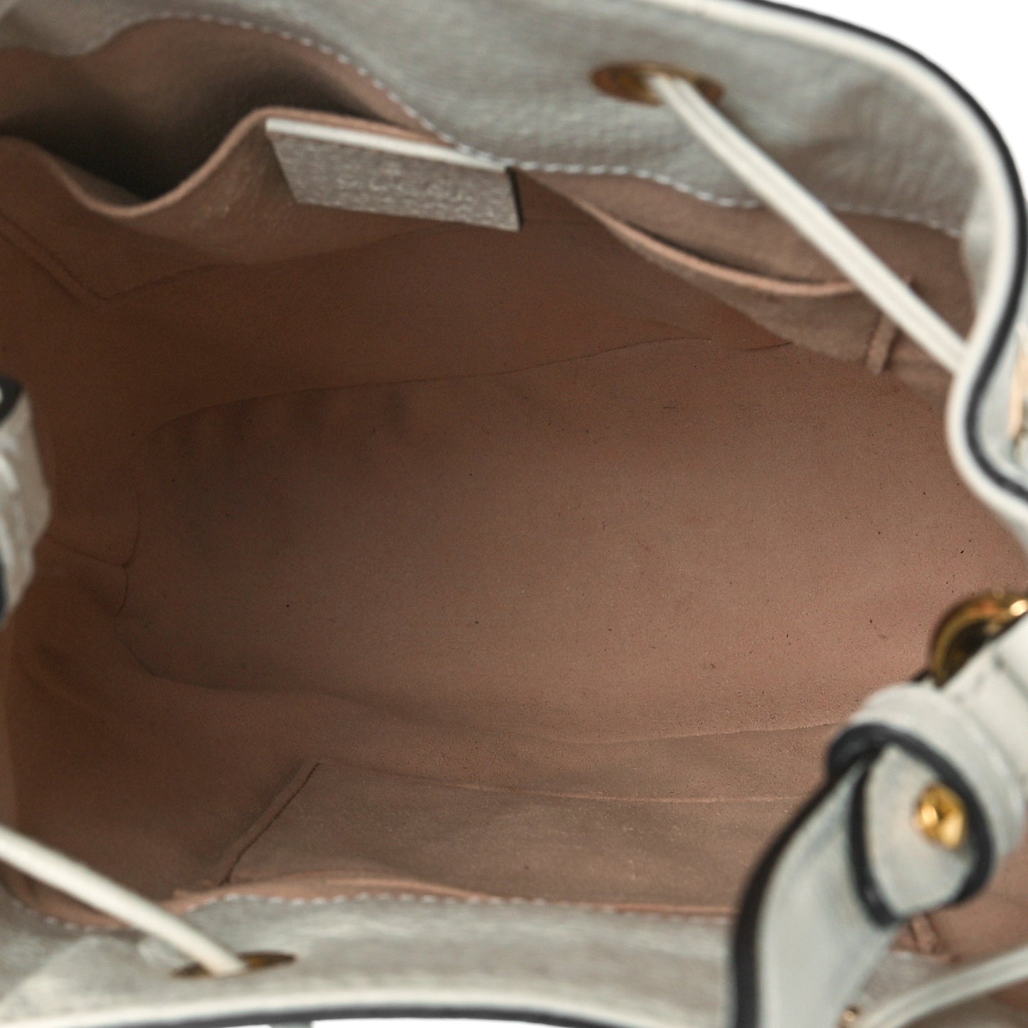 Glazed Textured Calfskin Web Small Ophidia Bucket Bag Mystic White
