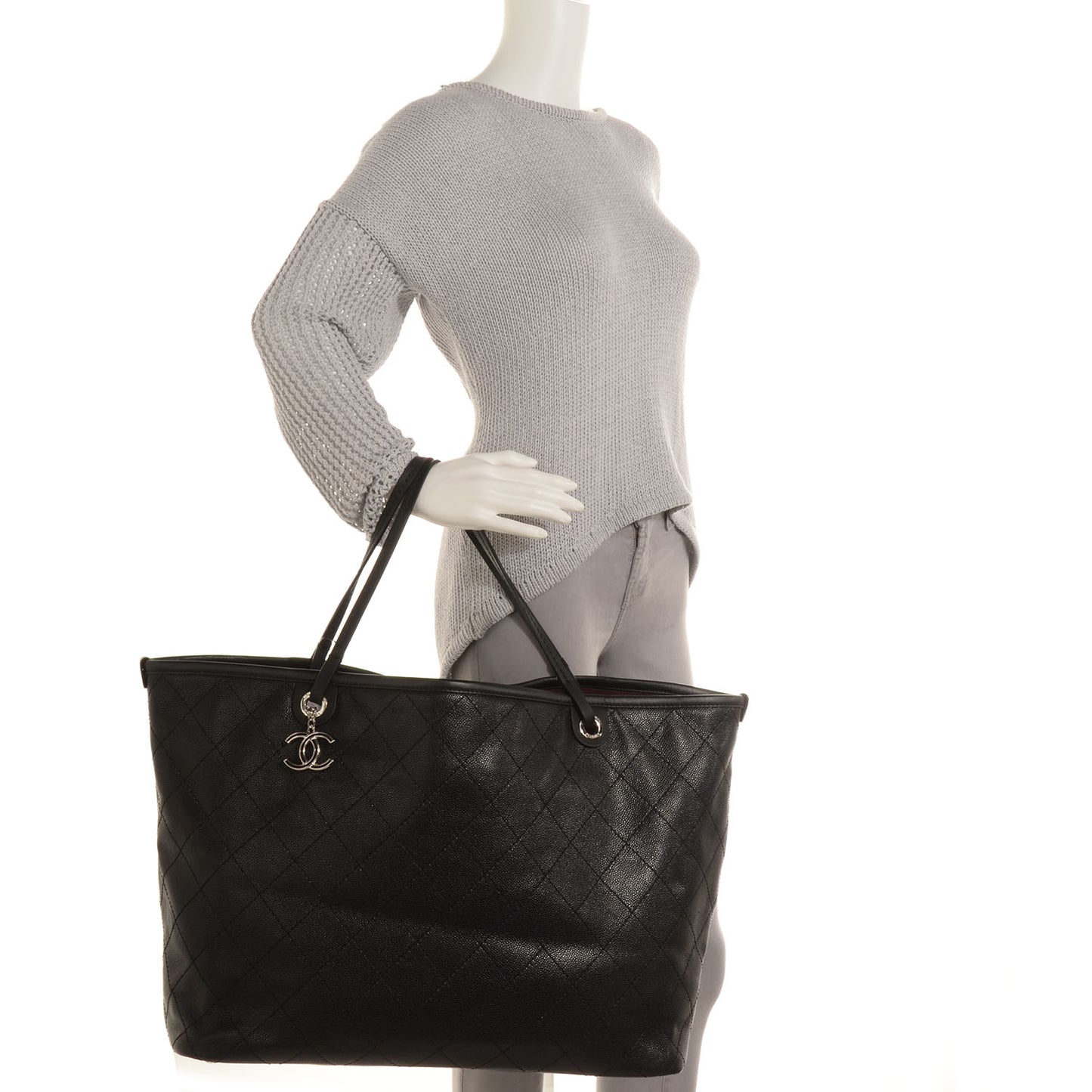 Grained Calfskin Large Shopping Fever Tote Black