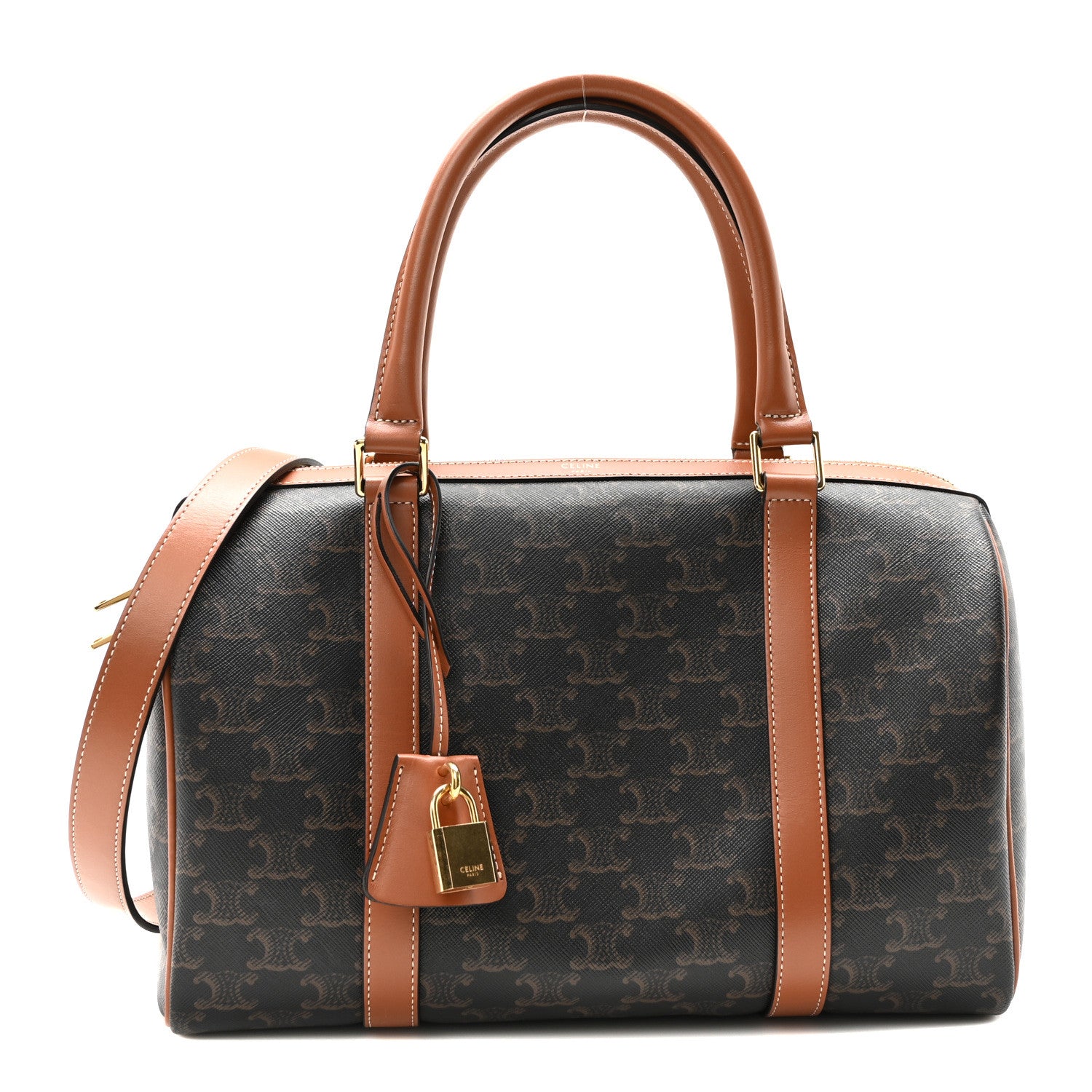 Celine Triomphe Canvas Calfskin Boston Bag Tan 1 of 9