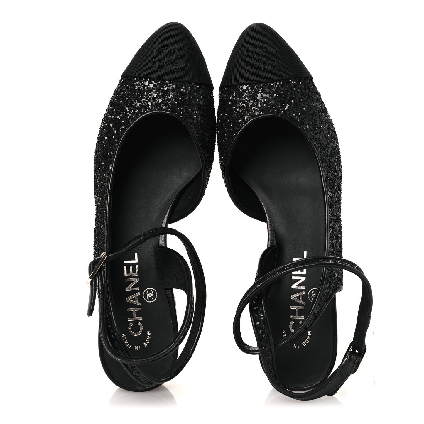 Glitter Grosgrain Cap Toe CC Ankle Wrap Pumps 38 Black