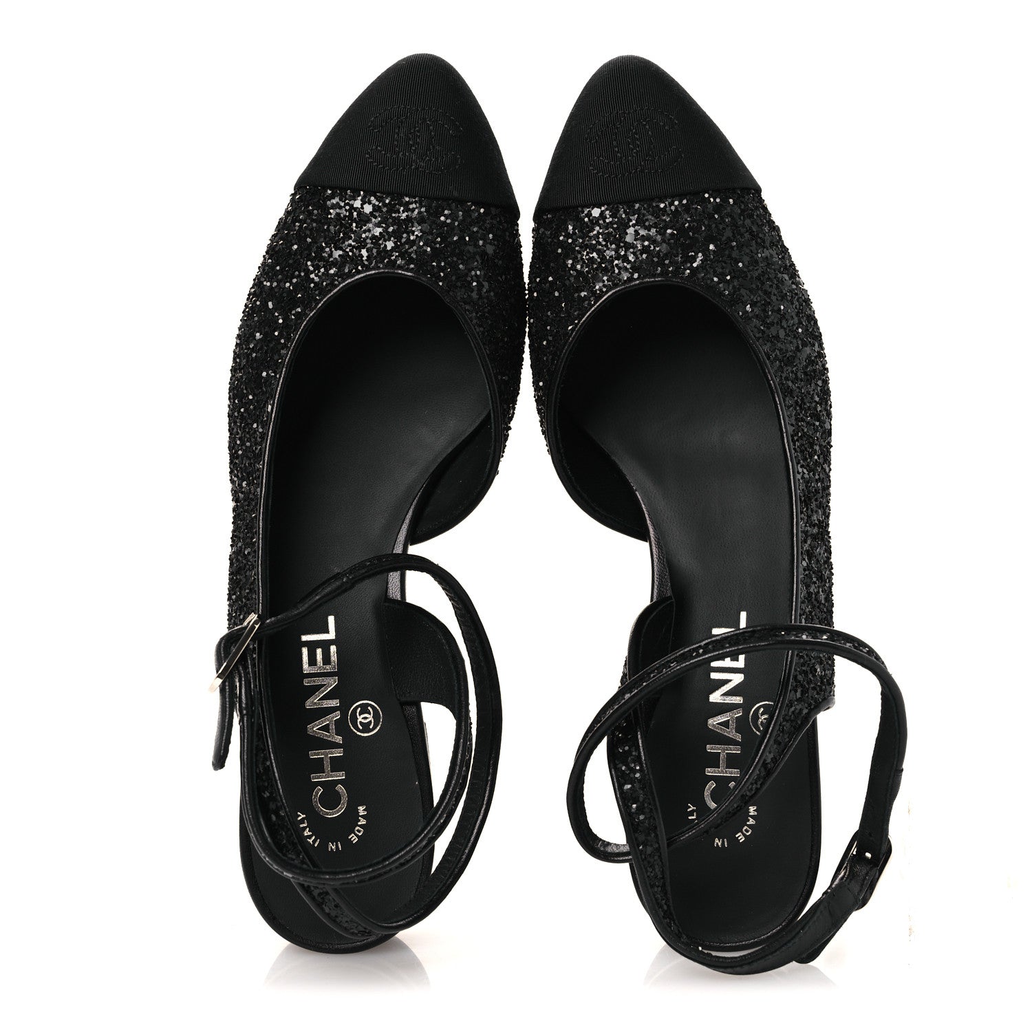 Chanel Glitter Grosgrain Cap Toe CC Ankle Wrap Pumps 38 Black 2 of 11