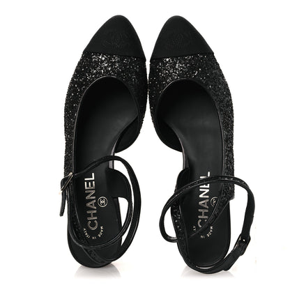 Chanel Glitter Grosgrain Cap Toe CC Ankle Wrap Pumps 38 Black 2 of 11