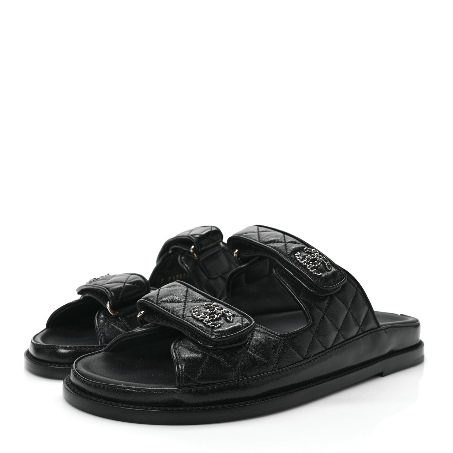 Lambskin Quilted Velcro Dad Chain CC Slide Sandals 40 Black
